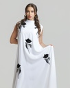 White Crepe Dress with Black Floral Appliqué